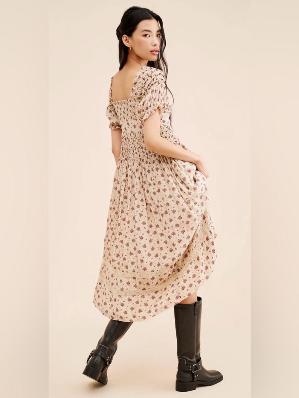 Free People Bali Juniper Midi Dress Floral Smocked Puff Sleeve Size 6 - Picture 2 of 9